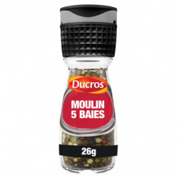 LOT DE 6 - DUCROS -  Moulin Poivre 5 Baies Doux - Poivres grains et mélanges de baies - flacon de 24 g